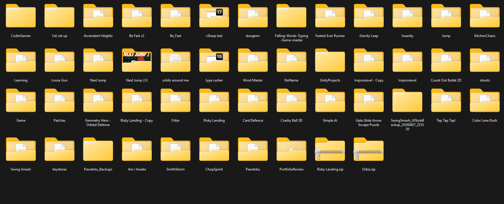 A long list of Unity project folders on disk